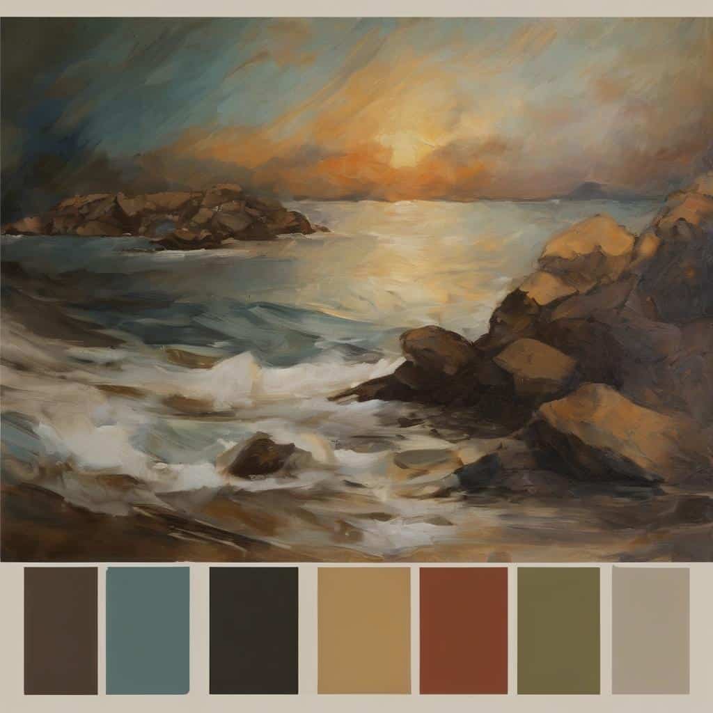 Γραμματοσειρά πίνακα ζωγραφικής ακτών και θαλασσών σε μοντέρνο στυλ, με ζεστά και ψυχρά χρώματα.