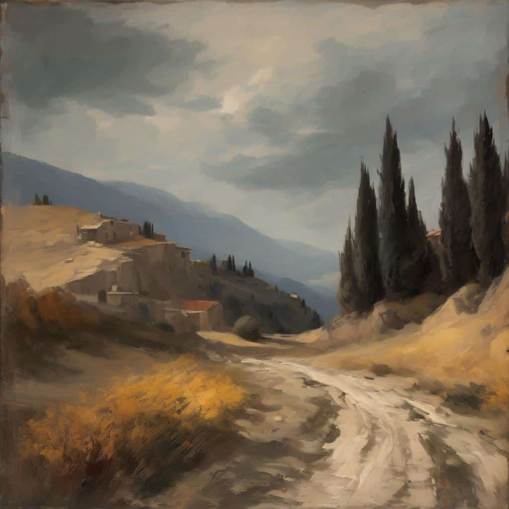 Όμορφη τοπίο με βουνά και δρόμο, σε σύγχρονη ζωγραφική τέχνη με φυσικά υλικά και μέσα.