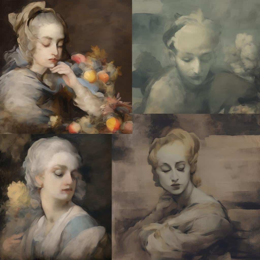 Ολόκληρη η εικόνα με τέσσερα πορτρέτα γυναικών σε σύγχρονη πλαστική τέχνη, με έμφαση σε υλικά και μέσα.