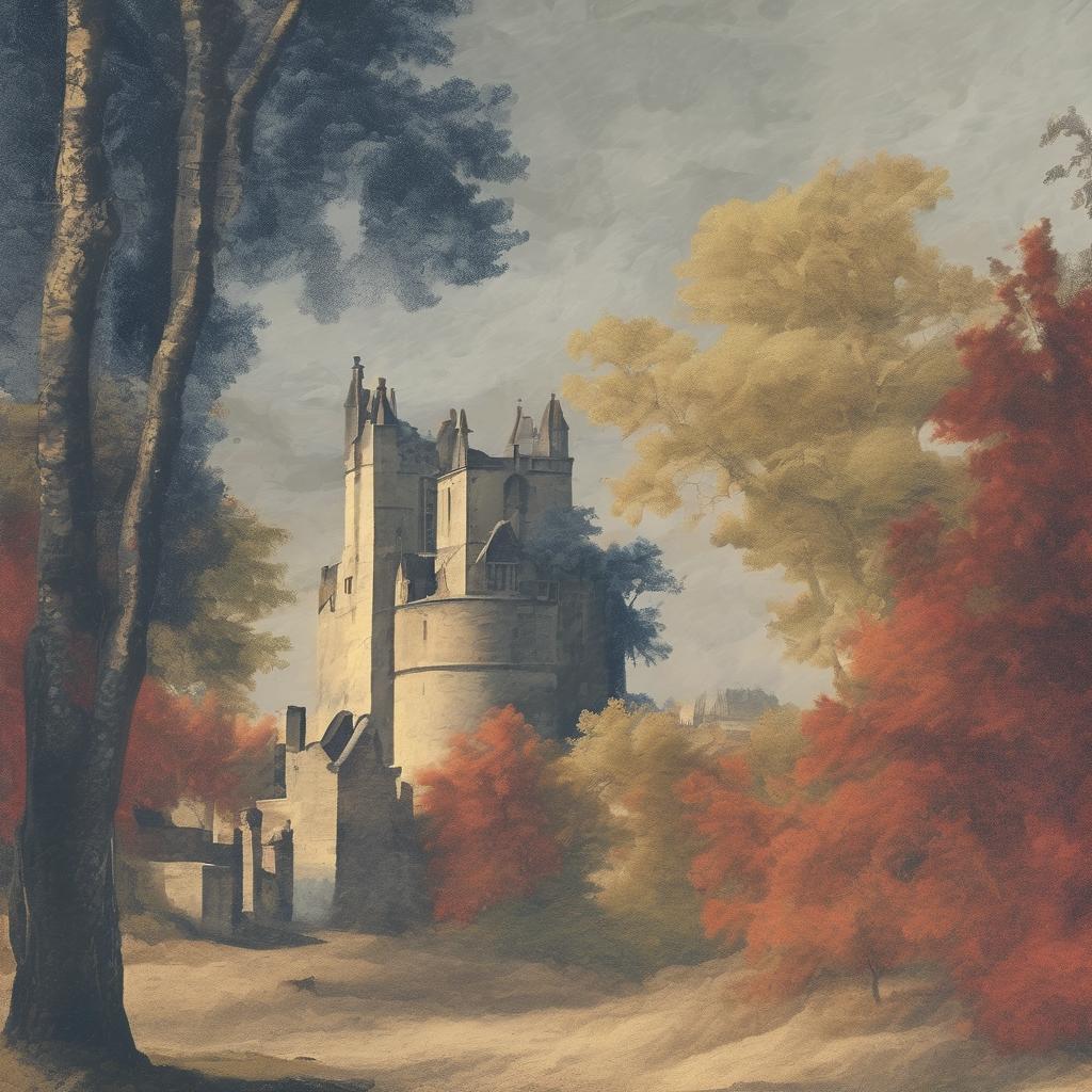 Ουράνιο τοπίο με μεσαιωνικό κάστρο και εποχικά δέντρα σε φθινοπωρινά χρώματα, σε ρεαλιστικό στυλ ζωγραφικής.